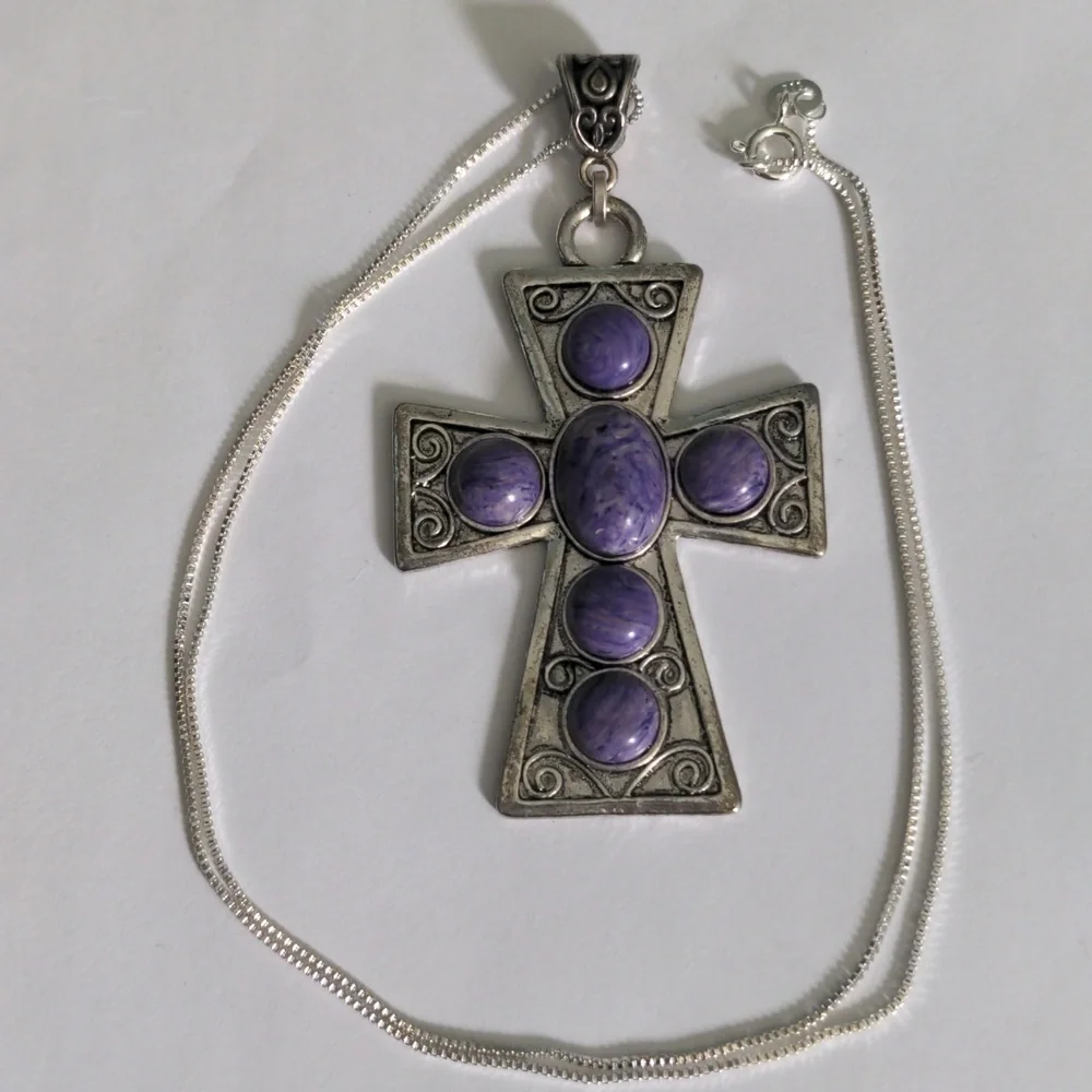 Purple Chariote  Sterling Silver Cross Pendant Necklace. New, Genuine Gems - Picture 5 of 10